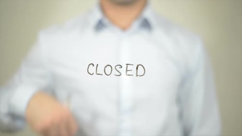 Closed, Man Writing on Transparent Screen