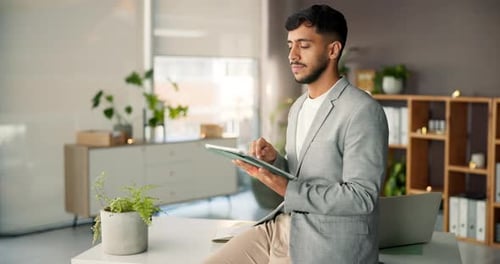 Tablet, thinking and business man in office for research, website and financial review for project