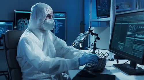 Microelectronics Engineer Works in a Modern Scientific Laboratory on Computing Systems and