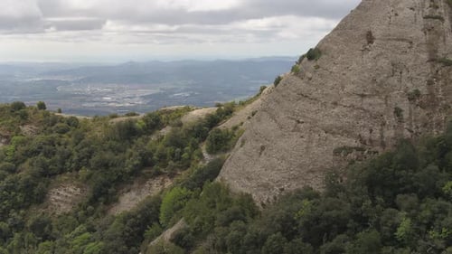 Flying Near Mountain Range at Montserrat, Catalonia, Spain, Aerial