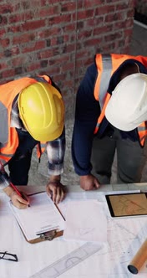 Construction, blueprint and men with site checklist for building regulations, inspection or above