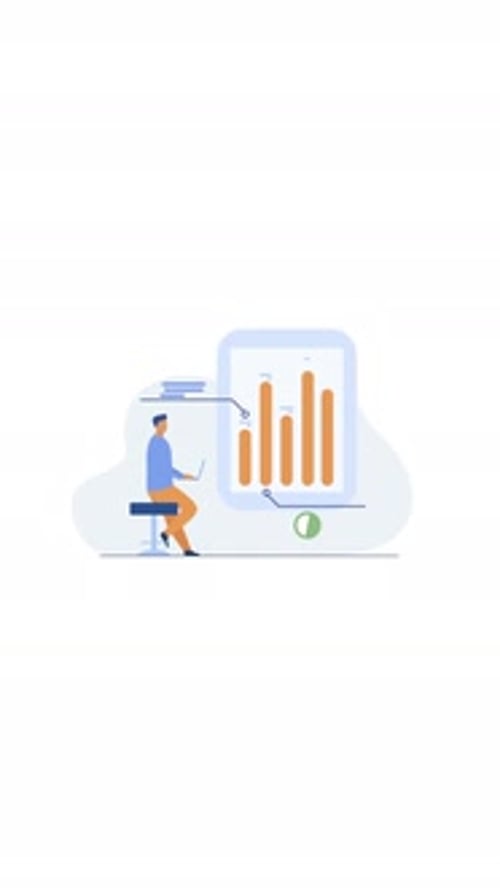 Flat Design Animation of Person Working with Data Analysis Charts