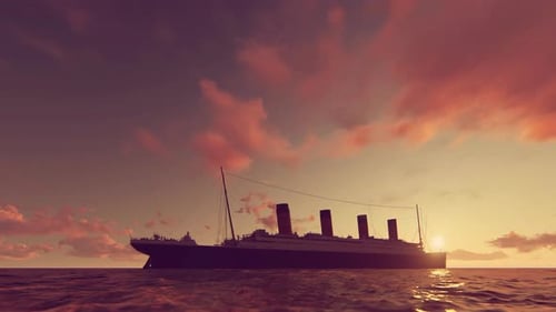 Sinking Ship at Sunset in Turbulent Ocean Water