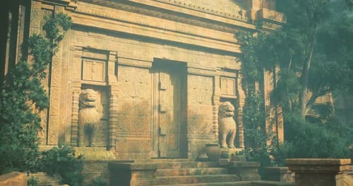 Ancien temple en pierre avec des statues de lions entouré d'une végétation luxuriante