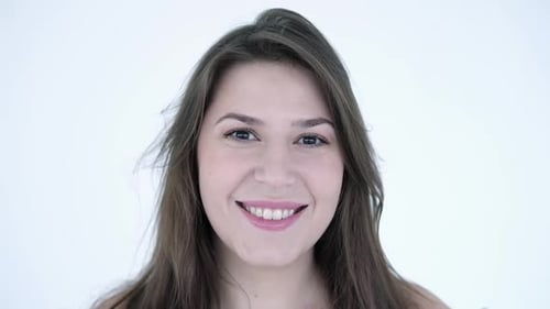Smiling Woman Close Up Portrait on White