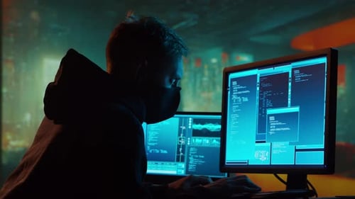 Un pirate informatique en sweat à capuche Obscured Dark Face Hacker Attack Virus, un logiciel infecté par le virus Dark Web et