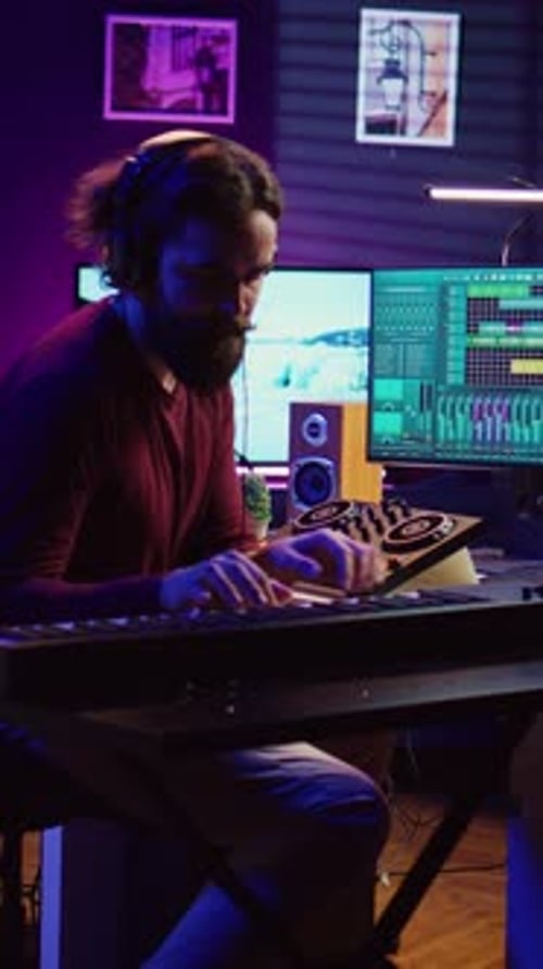 Young Adult Man Composing Music at Keyboard