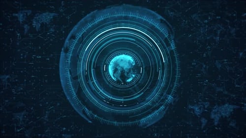 4K Futuristic Circular HUD Globe with Rotating Earth and Circuitry Design: Abstract Tech Background