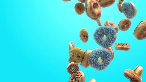 Delicious Donuts and Cookies Falling Animation on Blue