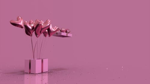 Animated Pink Gift Box Opening with Heart Balloons Reveal