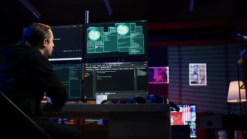 Hacker Working at a Computer Terminal Late Night