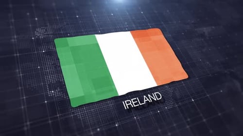 Digital Ireland Flag Waving Animation on Tech Background