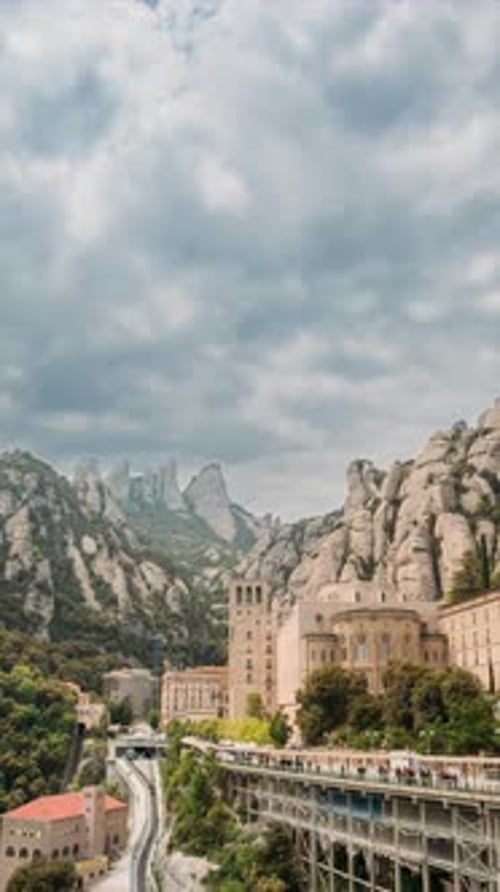 Mountainside Monastery, Bridge and Town in Scenic Landscape