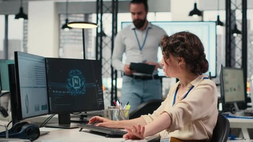 Office Administrator Checking Monthly Reports with AI Analytics Platform
