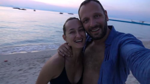 Happy Couple Taking Photos, Recording Video on Beach, Super 240