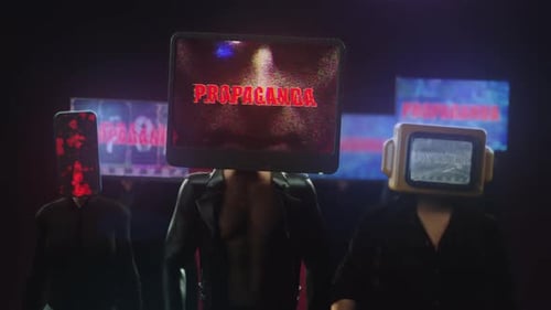 animation of a group of people with monitors instead of heads with the inscription propaganda