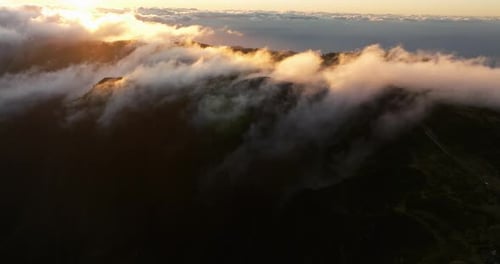 Sunrise At Pico do Arieiro Mountain Peak In Madeira, Portugal - aerial drone shot