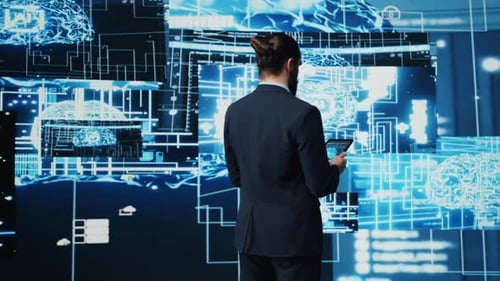 IT-Spezialist interagiert mit digitalen neuronalen KI-Netzwerken für Deep Learning