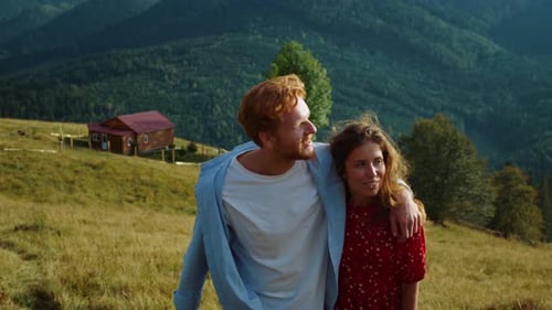 Love Couple Walk Mountain Hill. Cute Lovers Embrace on Summer Activity Leisure