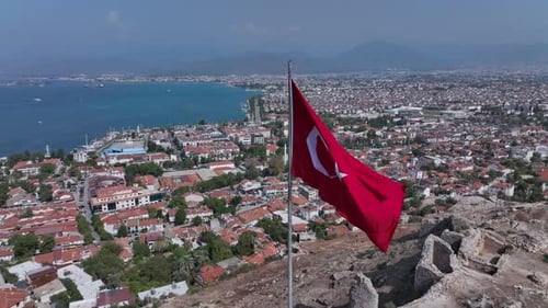 Big Flag Of Turkey On The Hill And Panorama Of Fethiye