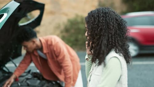 Road, couple and phone call for car breakdown with engine fail, gas or travel disaster