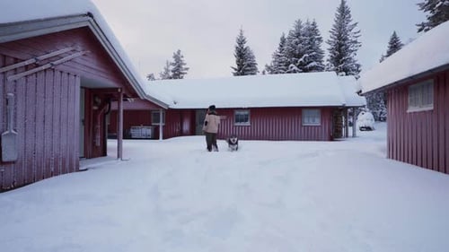 Man With His Alaskan Malamute Dog Near Cabins In Indre Fosen, Norway During Winter - wide