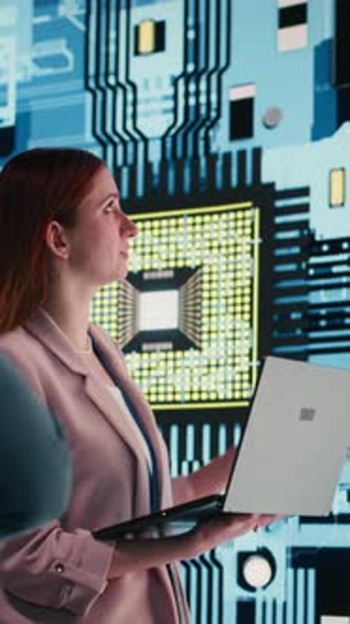 Vertical Video Engineering Team Analyzing Semiconductor Fabrication with Laptop