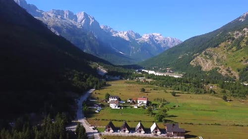 Aerial view of Valbona valley, Theth national park, Albanian Alps, Albania.