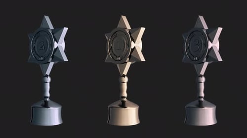 Concept of victory. Gold, silver and bronze cups on black background with alpha channel