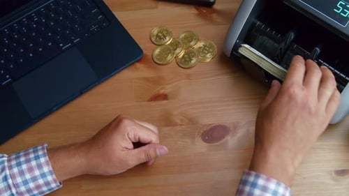 Desk Full Of Cash Bitcoin Trader Celebrates Profits By Counting Bills In Office