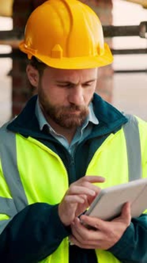 Engineer, man and inspection on construction site with tablet, review building design and research