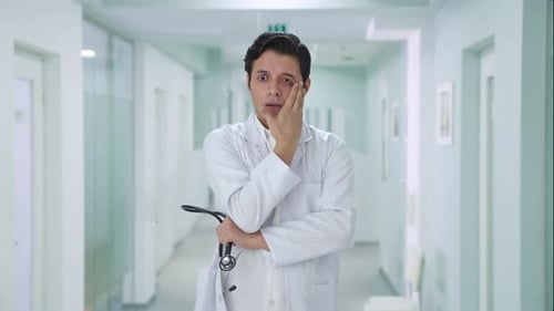 Worried Doctor Standing in Hospital Corridor