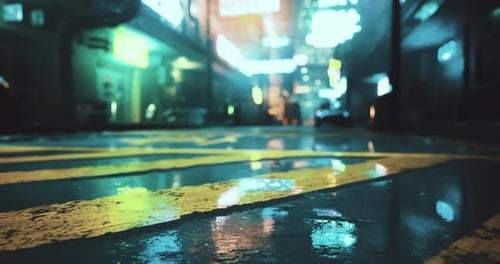 City Streets Glisten with Rain at Night Showcasing Neon Lights and Reflections