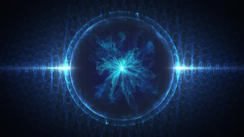 Nahtloser Schleifenhintergrund mit blauer Energiestruktur, die sich in einem sphärischen Feld verändert