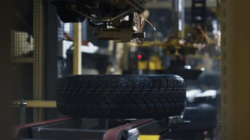 Automated Machine Assembling Car Tires on Conveyor Belt