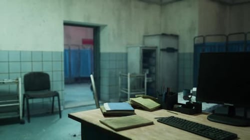 An Abandoned Hospital Room Features a Desk Cluttered with Papers and a Computer