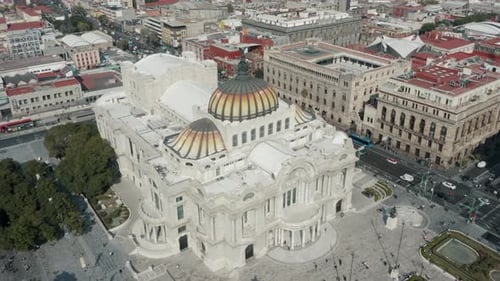 Notable Palacio de Bellas Artes And Traffic In Mexico City. - aerial