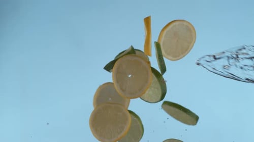 Lime and Lemon Slices Falling Through Water