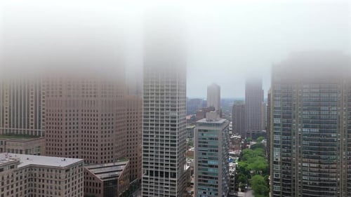 Chicago Downtown Aerial View with Fog and Modern High Rise Buildings