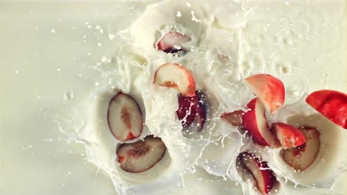 Peaches Splashing into Milk, Refreshing White Liquid