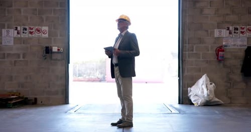 Tablet, warehouse and inspection with mature man checking stock for quality control or distribution