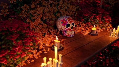 Día de los Muertos Sugar Skull and Marigold Ofrenda Animation