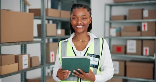 Tablet, face and logistics with black woman in warehouse for inventory manager