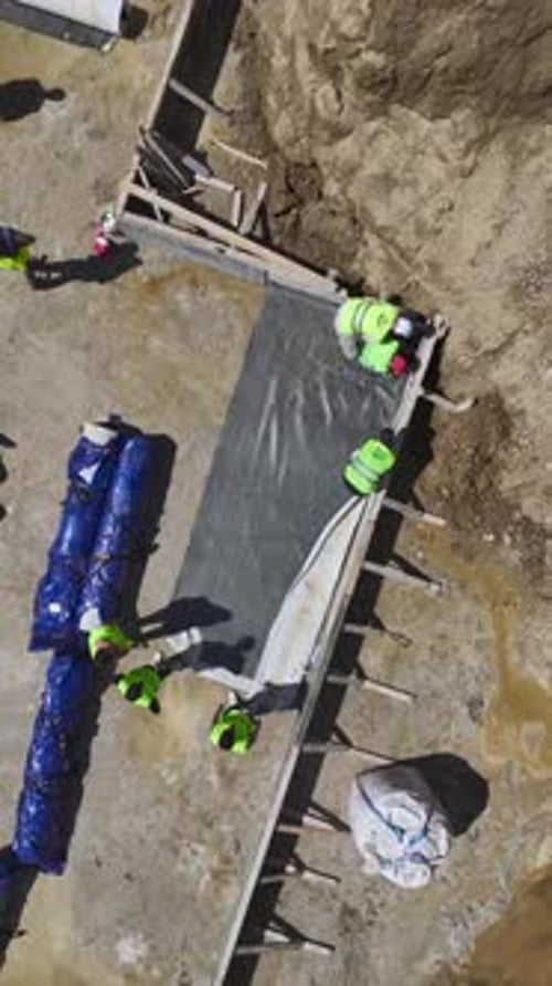 Construction Workers Building Foundation at Construction Site