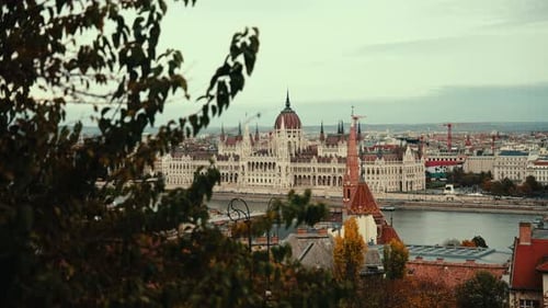 Budapest Cityscape with Parliament and Danube River on Cloudy Day, Hungary