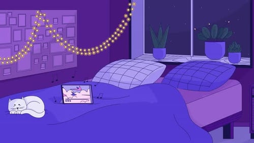 Cozy Night Bedroom Animation with Sleeping Cat and Twinkling Lights