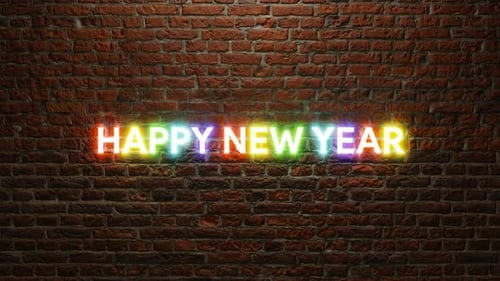 3d text animation happy new year on a brick background. colorful neon sign thank you 4k video