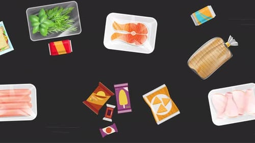 The Movement of the Conveyor with a Lot of Different Products in the Supermarket