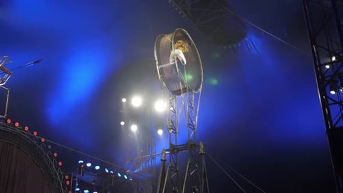 Acrobats on a Rotating Death Wheel Performing Under the Dome of the Circus