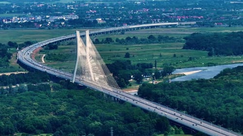 High rope bridge over the river. Redzinski Bridge, Wroclaw